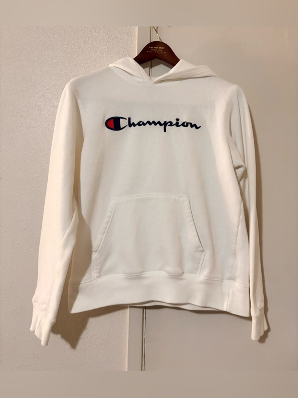 Champion Cream Hooded Sweatshirt with Navy Script and Red Accent